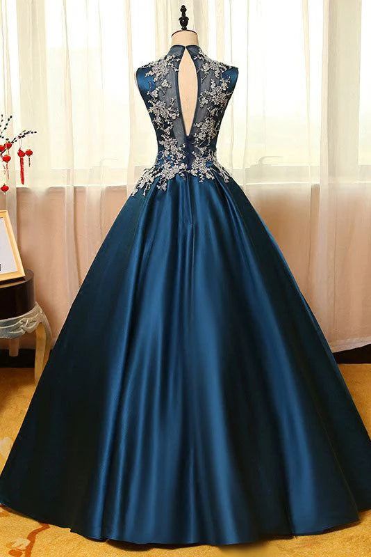 Robe de soirée longue en satin bleu paon pour femme, tenue de bal formelle, avec appliques en dentelle